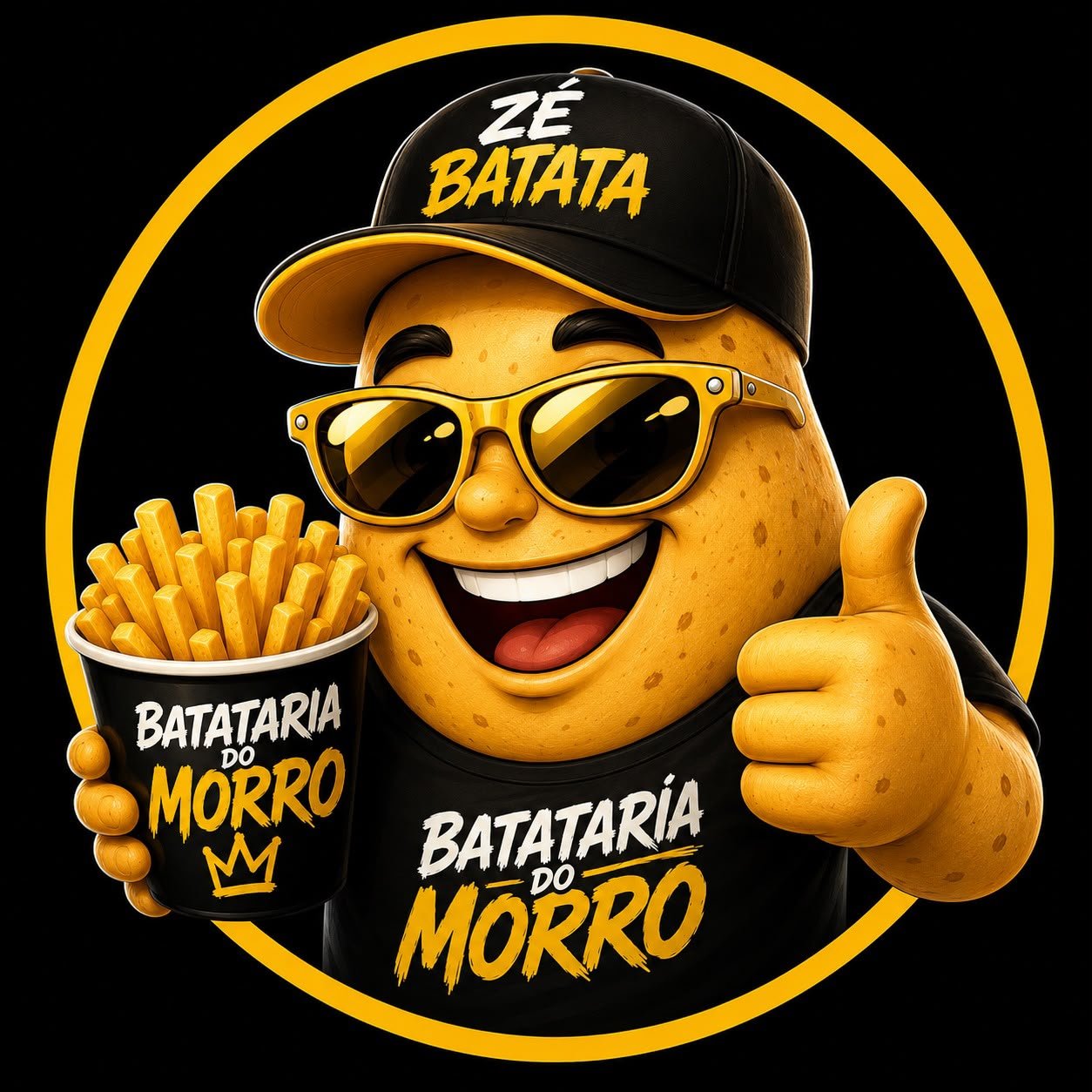 Zé Batata, mascote da Batataria do Morro, segurando um balde de batatas e fazendo sinal de positivo